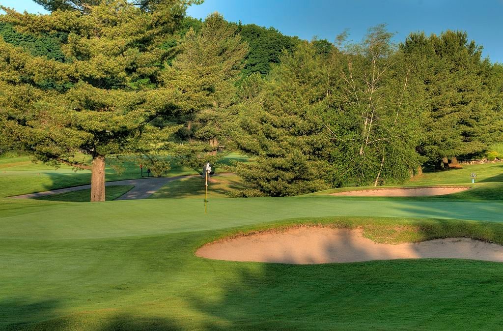 view of golf course with bunker and trees